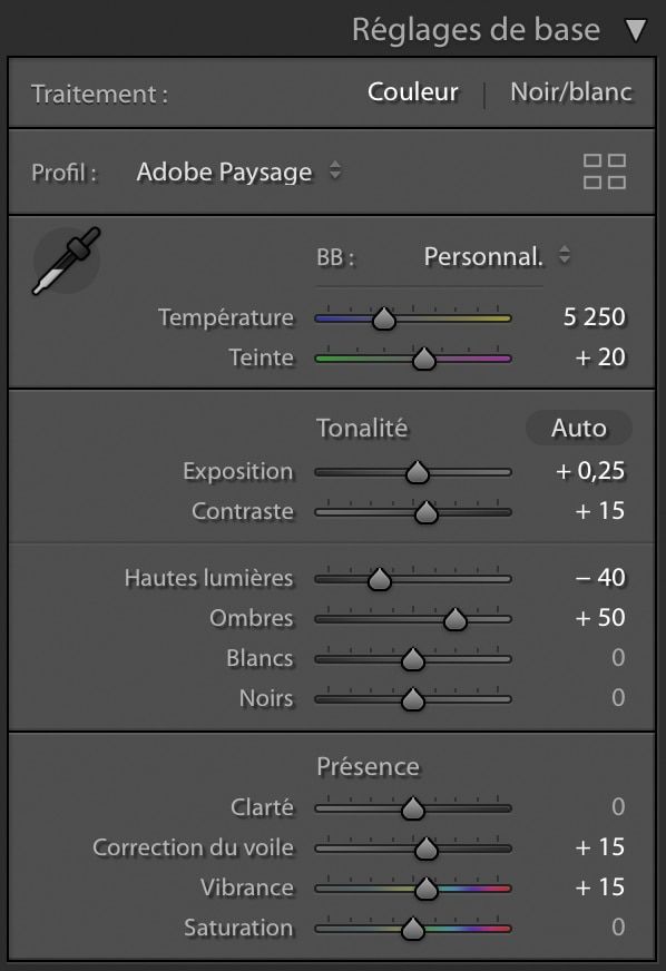 Le panneau de réglages de Lightroom