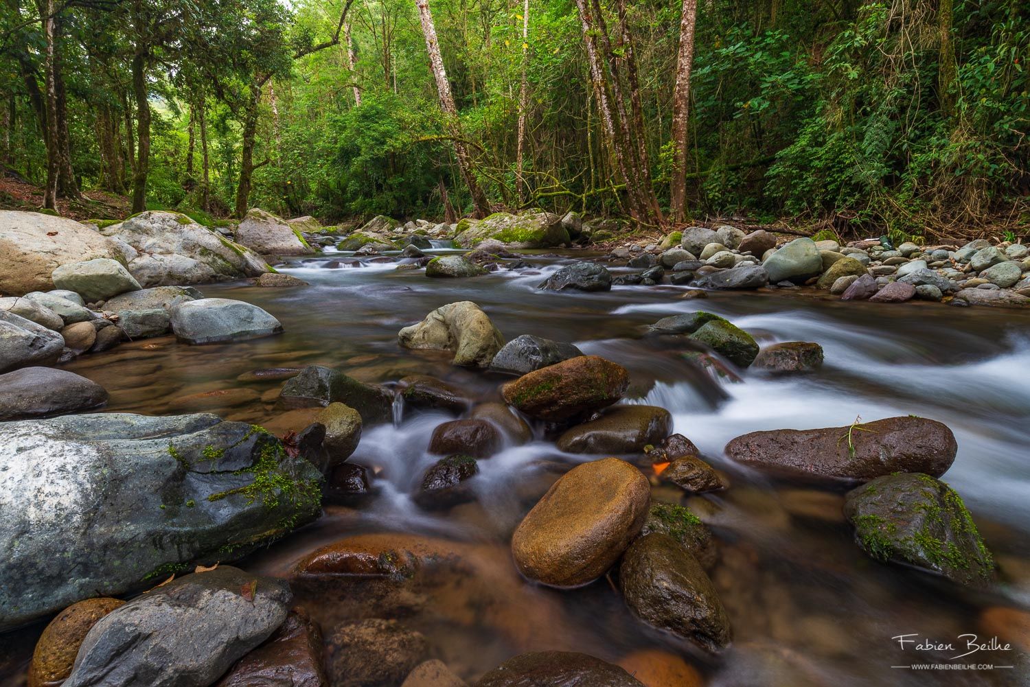 Une rivière dont le mouvement de l'eau a été enregistré en pose longue